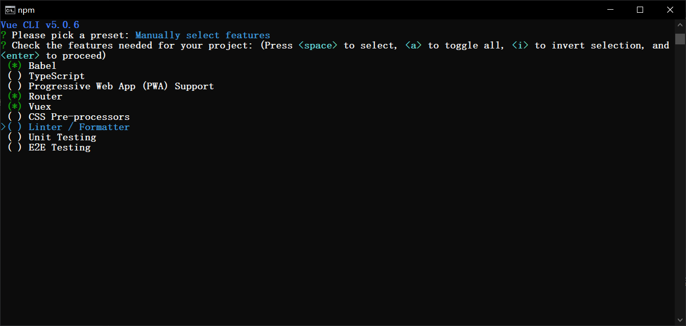 Vue CLI 预设选项界面